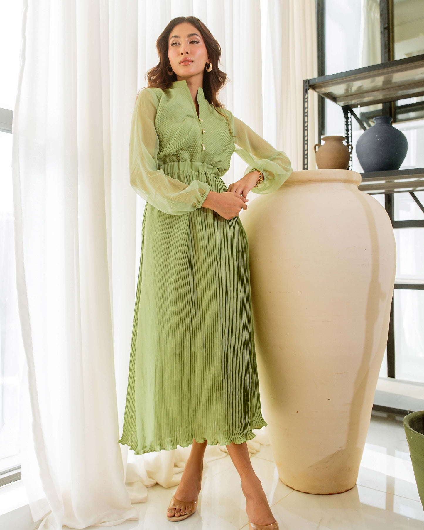 Pistachio Green Pleated Dress